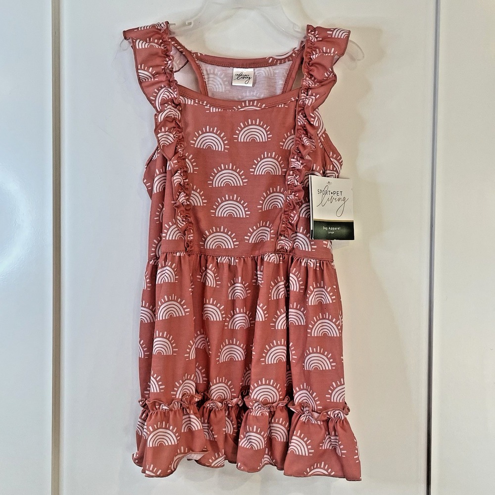 Dog Pet Dress LARGE‎ Rainbows DUSTY PINK Ruffle Sundress Cottage Milkmaid Boho